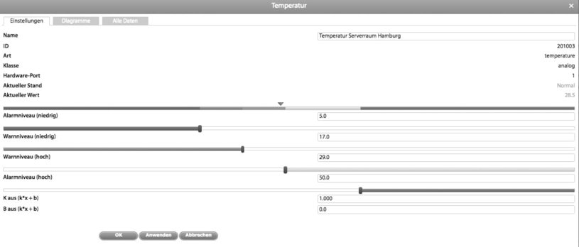 Individuelle Konfiguration des Sensors Temperatur im WebGUI