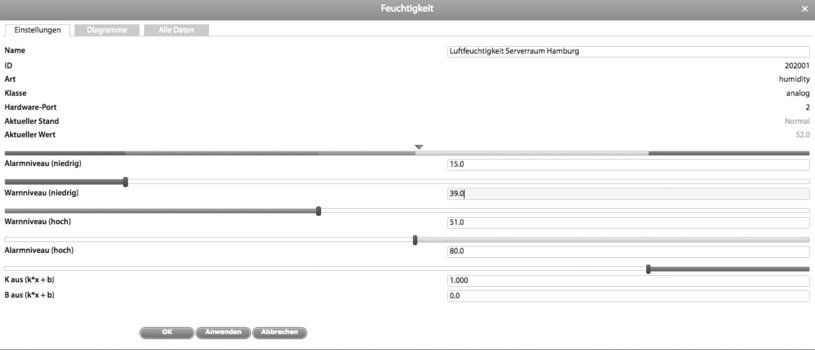 Individuelle Konfiguration des Sensors Luftfeuchte im WebGUI